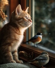 Ginger kitten gazes out a window, watching birds.  A moment of peaceful curiosity.