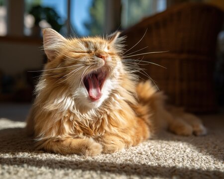 Fluffy ginger cat yawning in the sunbeam.  A picture of pure contentment.