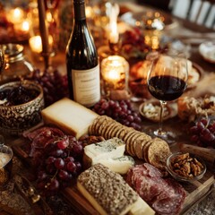 A romantic charcuterie board with cheeses, grapes, crackers, salami, and a glass of red wine.