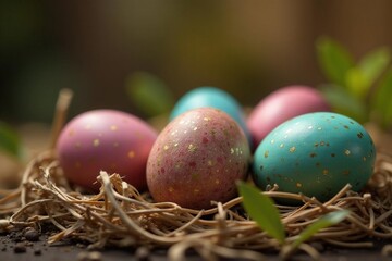 Decorated Easter eggs near a nativity stable miniature , handmade, craft
