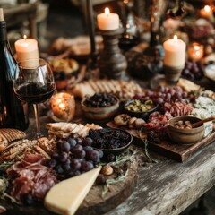 A rustic charcuterie board with various cheeses, meats, fruits, and breads, surrounded by candles and wine.