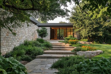 Beautiful modern house entrance with stone walkway surrounded by vibrant greenery in a serene natural setting during the late afternoon