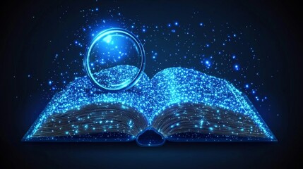 Online courses and education are depicted on a blue background with a low-poly wireframe design featuring a book and magnifying glass, alongside a digital image of an open notebook in polygonal form