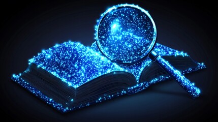 An open notebook's digital, polygonal image, paired with a book and magnifying glass in low-poly wireframe, is set on a blue background to represent online education and courses