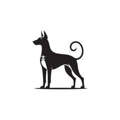 Pharaoh Hound silhouette showcases sleek, elegant lines of this ancient breed, highlighting its athletic build, pointed ears, graceful posture, alert expression, and noble desert heritage.
