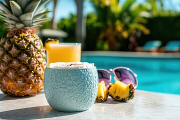 Colorful tropical drinks and fruits by the poolside create a refreshing summer atmosphere for relaxation and enjoyment