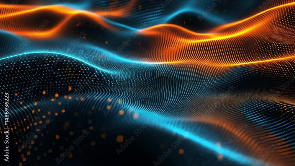 Poster abstract digital waveform: orange and blue data stream visualization