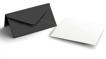 The image features a sleek black envelope alongside a blank mail card mockup, forming a realistic modern illustration of an empty postcard template isolated on a white background