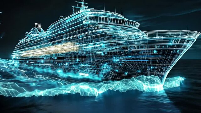 Futuristic Cruise Ship: A Digital Wireframe Vessel Sailing on the Ocean at Night