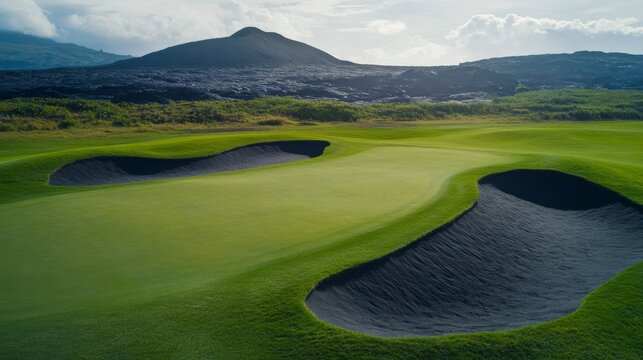 Green Golf Course With Dark Sand Bunkers and Mountain Backdrop, golfing , landscape