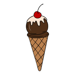 Summer ice cream element collection with cherry on top. Waffle cone with chocolate sundae and vanilla cream