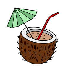 Summer drink coconut cocktail beach party element. Juicy beverage with straw, and umbrella 