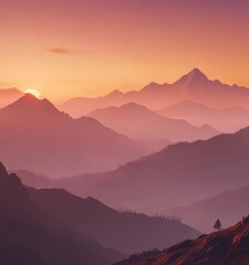 Fiery ombre sunset paints misty mountain range, soft gradient sky ,  dramatic,  soft