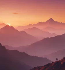 Gordijnen Fiery ombre sunset paints misty mountain range, soft gradient sky ,  dramatic,  soft © Prayad