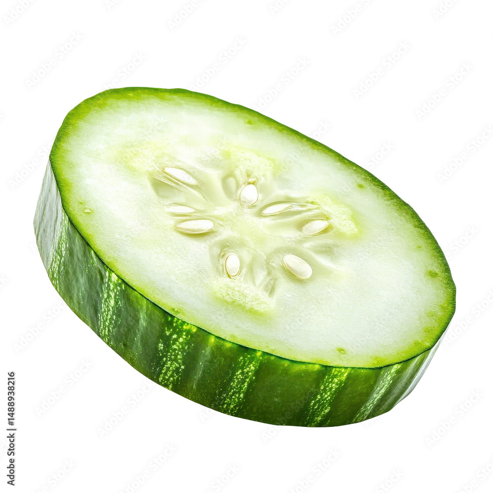 Poster freshly sliced cucumber on a clean transparent background showcasing its vibrant green color and jui