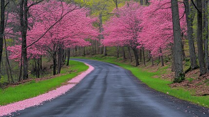 Naklejka premium Winding road through a pink blossom-filled forest