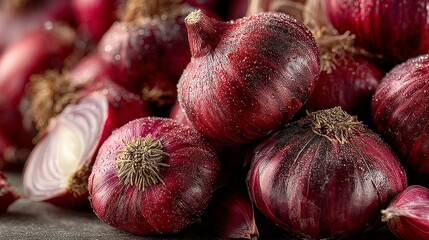 Fresh Red Bulbs with Dew Drops CloseUp Photography for Culinary and Botanical Themes