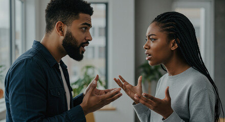 Disagreeing young couple expressing frustration during a heated argument in a bright, modern living space, emotional concept of relationship counseling or conflict resolution