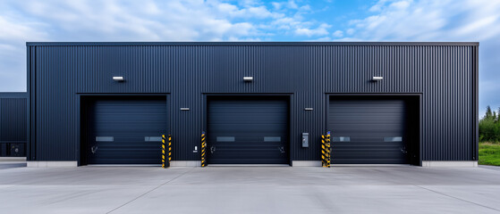 Three loading docks presenting black gates in modern industrial building
