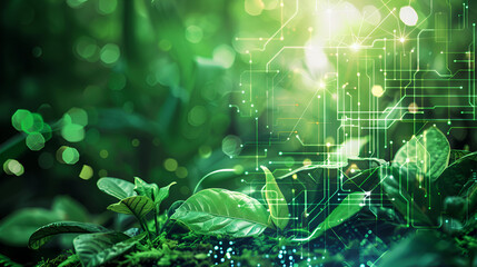 Green plants and circuit board overlay representing technology and nature integration concept design