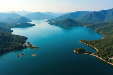 Fototapeta premium Irregularly shaped lake with inlets and peninsulas , ecology, nature, bay