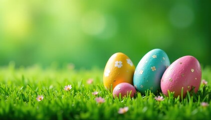 Decorated Easter eggs on a green grass background , texture, religious