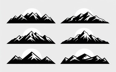 Black and white mountain silhouettes with sun backdrop.
