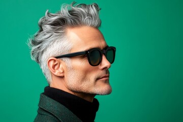 Obraz premium Conceptual art of style for aging men. Green solid background. Fashionable men's quiff haircut - midlife white man with grey hair. A sophisticated male posing with grace.