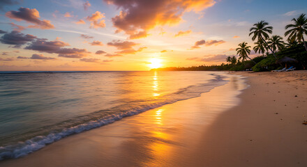 Obraz premium summer, tropical, sunset, beach, island, coast, mountain, golden hour, sunlight, seascape, ocean, waves, calm, remote, paradise, vacation, peaceful, tropical forest, jungle, waterfall, warm, travel, h