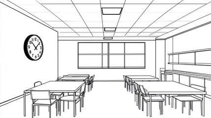 Empty classroom tables chairs, large window, design