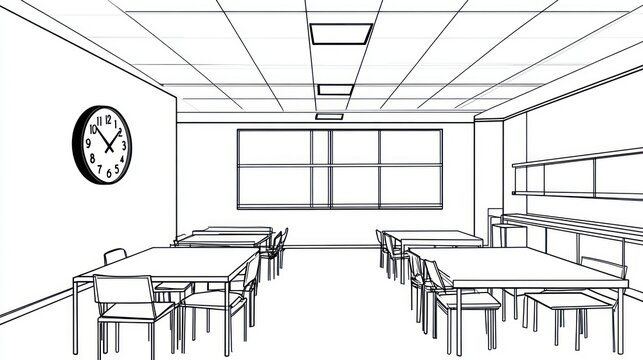 Empty classroom tables chairs, large window, design