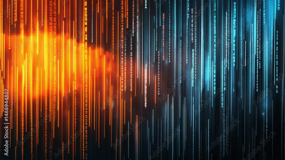 Poster abstract digital binary code rain: fiery orange and icy blue streams