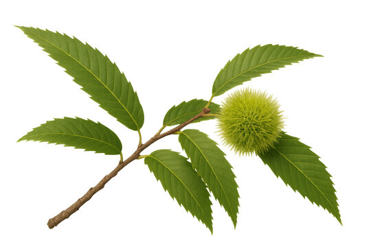 Close-up of a sweet chestnut branch featuring vibrant green leaves and an unripe, spiky burr, isolated on a transparent background