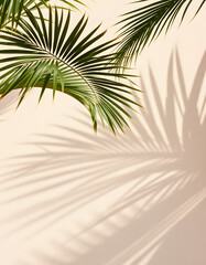 Obraz premium Palm leaves shadow on beige background. Summer architecture aesthetic. Modern tropical mockup design. Sunlight blank scene on concrete wall. Brown cream grunge cement texture, mindfulness theme. Whi