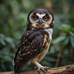 Obraz premium Great horned owl and eagle owl perched on a branch with one in mid-flight showcasing powerful brown feathers and piercing eyes of a wild raptor hunter in natural wildlife setting