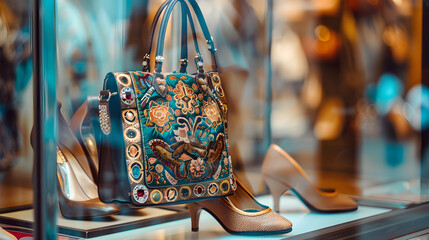 Ornate handbag with floral embroidery and high heel shoes in a store display window setting indoors
