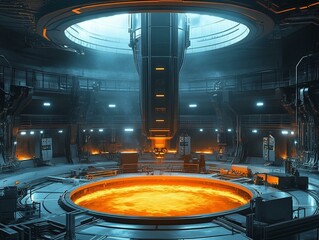 Nuclear reactor control room with glowing core