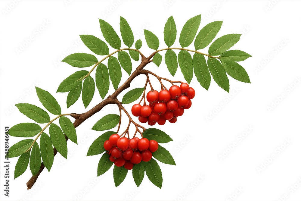 Poster rowan tree branch displaying green foliage and vibrant red berry clusters against transparent backdr