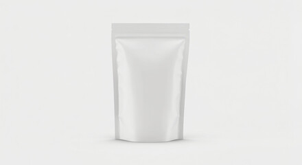 Plain white stand-up pouch with a resealable zipper top. It is set against a simple, light background. Typically used for packaging products like food, coffee, or other dry goods.