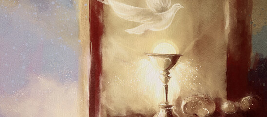 Watercolor Eucharist and Holy Spirit. Inspirational Christian Communion Painting