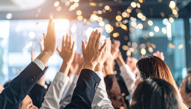 Celebration with Excited Hands Raised in Joyful Atmosphere During Event with Sparkling Lights in Background