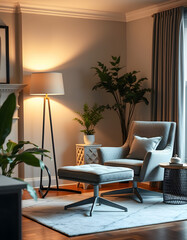 Armchair and foot stool at home, enhance. White tone