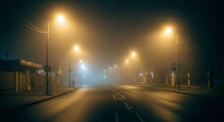 Eerie streetscape shrouded in dense fog, illuminated by glowing