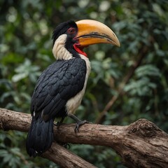 Obraz premium Hornbill on Perch: A striking portrait of a hornbill perched elegantly on a sturdy branch, its vibrant plumage and distinctive beak a testament to the wonders of the natural world.
