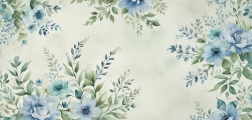 Fototapeta premium Creamy backdrop, delicate blue & green watercolor floral pattern , vintage, photography, hand-painted