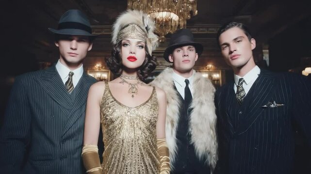 Elegant group of people in glamorous 1920s vintage fashion posing in luxurious interior with chandelier