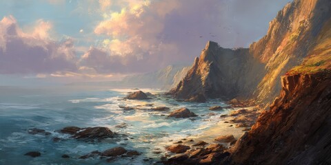 Obraz premium Serene coastal cliffs bathed in the warm glow of the setting sun. The ocean waves gently crash against the rocky shore, creating a picturesque scene.