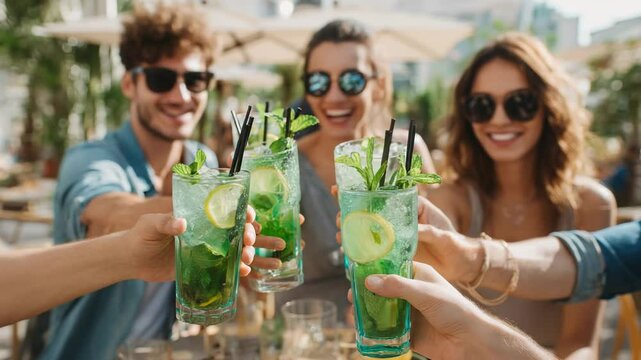 Group of friends toasting with mojito cocktails at outdoor cafe celebrating summer and enjoying sunshine