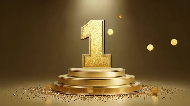 Golden number one on pedestal with spotlight and confetti celebrating success, victory, and first position