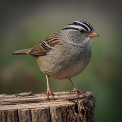 Fototapeta premium White-crowned Sparrow on a Stump: A close-up image features a charming white-crowned sparrow perched atop a rustic tree stump, showcasing its striking plumage, keen gaze, and subtle details of nature.